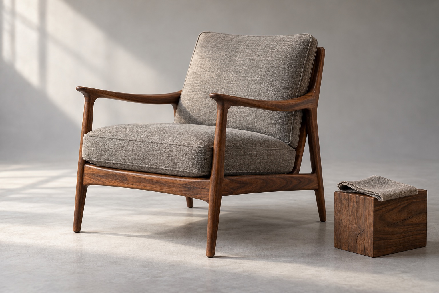 Illustrative AI study of a walnut and linen armchair; not the company's work or premises